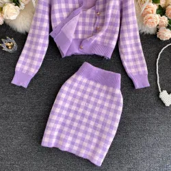 Ensemble à carreaux en maille - jupe - gilet - cardigan