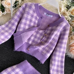 Ensemble à carreaux en maille - jupe - gilet - cardigan