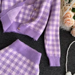 Ensemble à carreaux en maille - jupe - gilet - cardigan