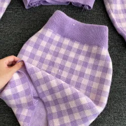 Ensemble à carreaux en maille - jupe - gilet - cardigan