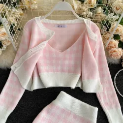Ensemble à carreaux en maille - jupe - gilet - cardigan