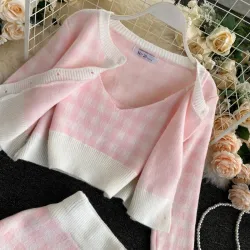 Ensemble à carreaux en maille - jupe - gilet - cardigan