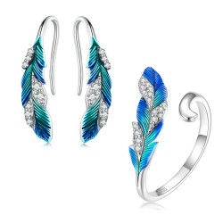 Elegant jewellery set - earrings - ring - blue-green feather with crystals - 925 sterling silverEarrings