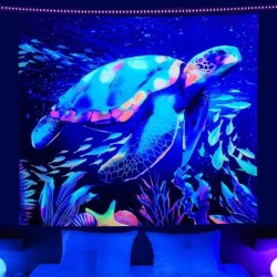 Fluorescerend wandtapijt - lichtgevende schildpad - onderwaterwereld bedruktTextiel