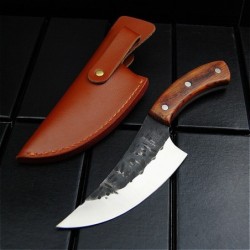 Couteau multifonctions - lame large en acier - manche en bois - avec étui en cuir