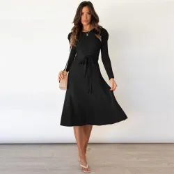 Elegante gebreide jurk - lange mouw - tailleriemJurken