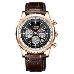 LIGE - montre à quartz de luxe en acier inoxydable - lumineuse - bracelet en cuir - étanche - or rose / noir