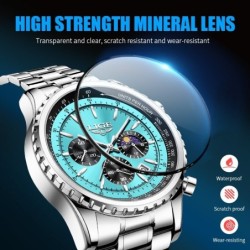 LIGE - montre à quartz de luxe en acier inoxydable - lumineuse - bracelet en cuir - étanche - turquoise