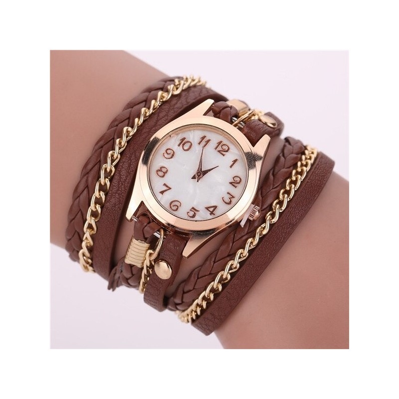 Meerlaagse lederen armband - met een rond quartz horlogeArmbanden