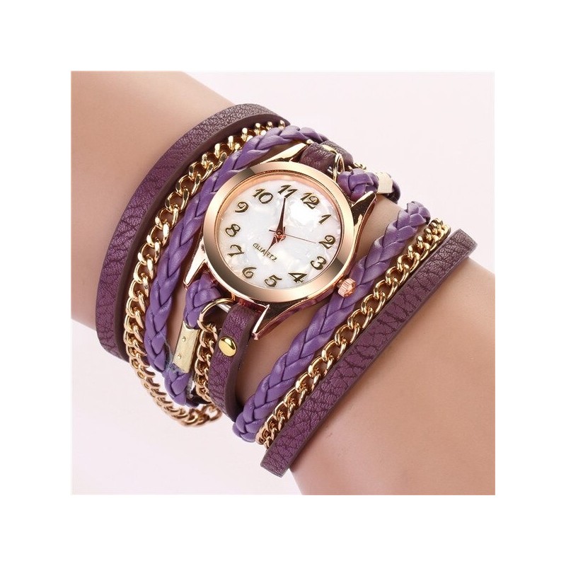 Bracelet en cuir multicouche - avec une montre Quartz ronde