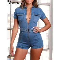 Sexy denim korte jumpsuit - met ritssluitingJumpsuits