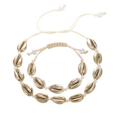 Bracelet / collier en corde tressée - avec coquillages en métal - réglable - ensemble de 2 pièces