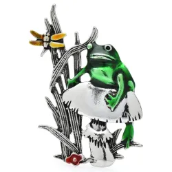 Grenouille verte / champignon / herbe - broche vintage