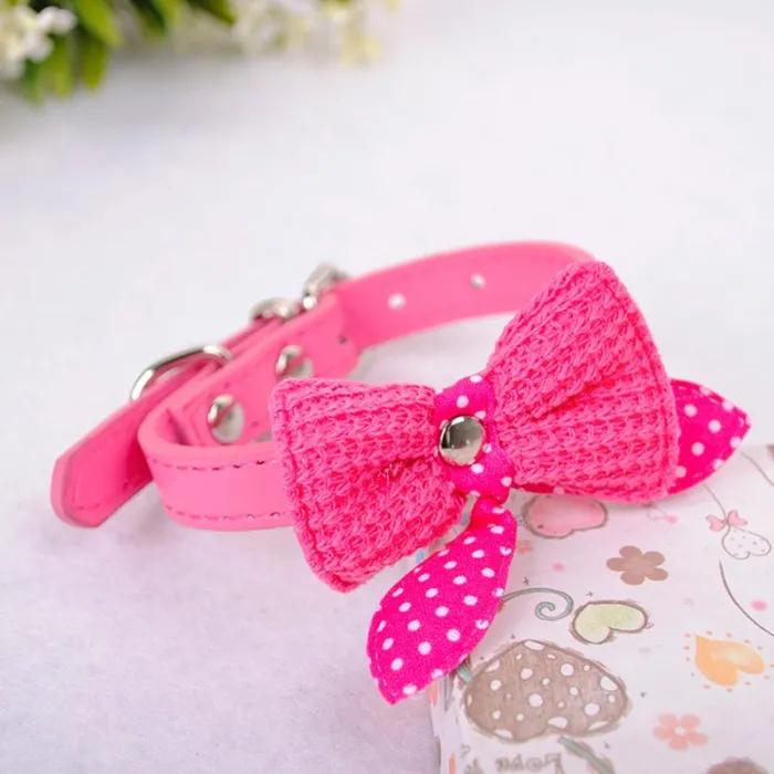 Leather collar with a knitted bowknot - for dogs / catsCollars & Leads