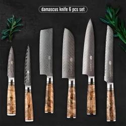 Damascus messenset - scherp lemmet - houten handvat - magnetische houder - 6 stuksStaal