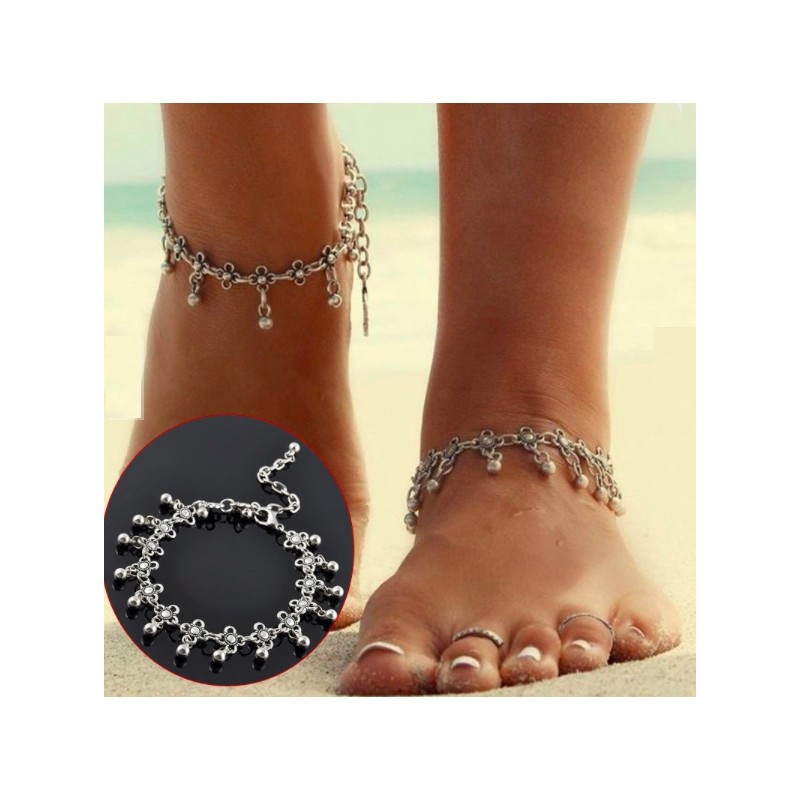 Bracelet de cheville vintage - fleurs / perles argentées