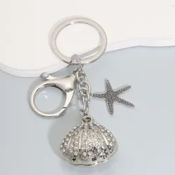 Fashion pearl starfish shell alloy keychain silver color sea key chains for making handmade DIY jewelry accessories findingsK...