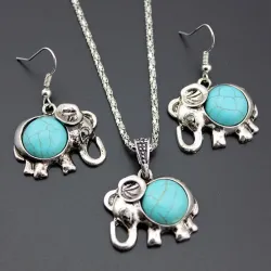 copy of Antique Silver Color Jewelry Set Elephant Pendant Blue Beads Necklaces Drop Earrings Statement CharSieradensets