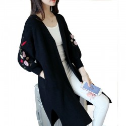 Long Loose Broderie Knitted Sweater Cardigan