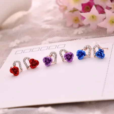 Fleur de coeur & rose - boucles d'oreilles en cristal