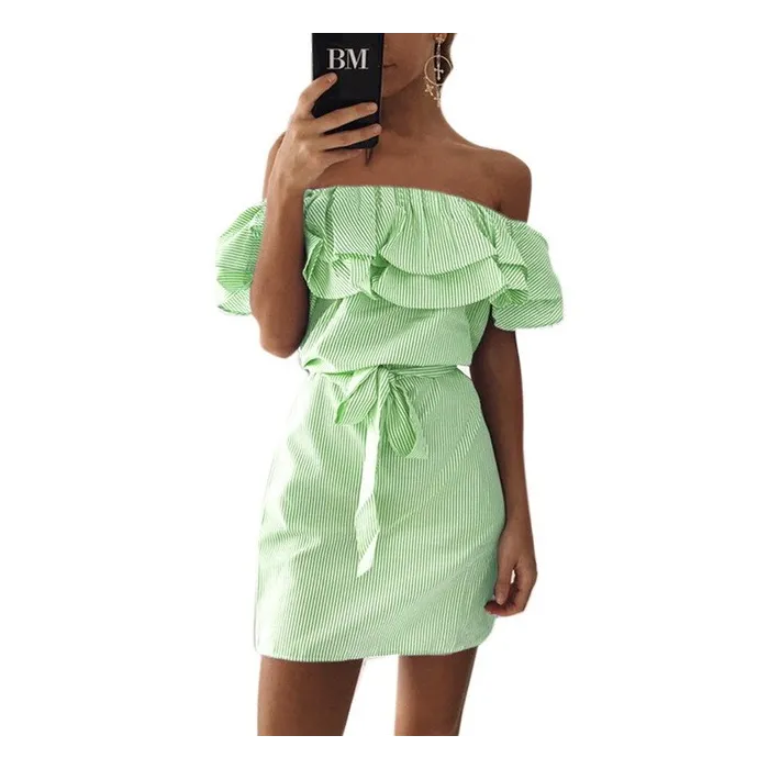 Off-shoulder strapless gestreepte ruches mini-jurkJurken
