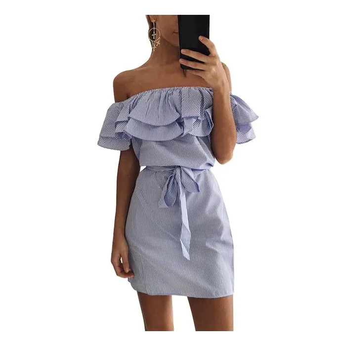 Off-shoulder strapless gestreepte ruches mini-jurkJurken