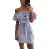 Off-shoulder strapless gestreepte ruches mini-jurkJurken