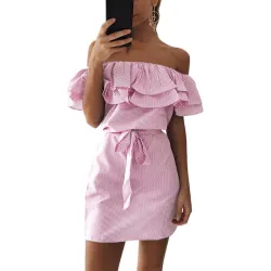 Off-shoulder strapless gestreepte ruches mini-jurkJurken