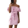 Off-shoulder strapless gestreepte ruches mini-jurkJurken
