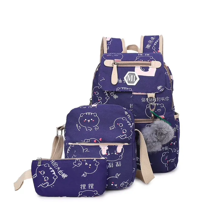 USB charging school backpack canvas 3 pcs setTassen