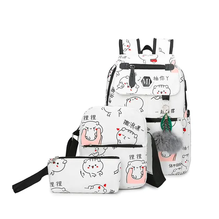 USB charging school backpack canvas 3 pcs setTassen