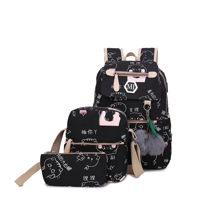 USB école de chargement backpack toile 3 pcs set