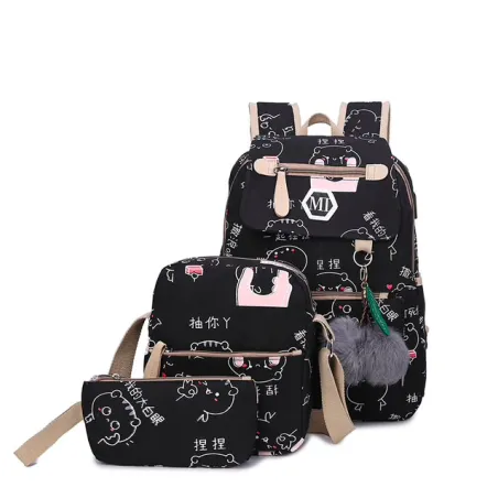 USB charging school backpack canvas 3 pcs setTassen