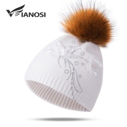 Natural fox fur pompom wool hatHats & Caps