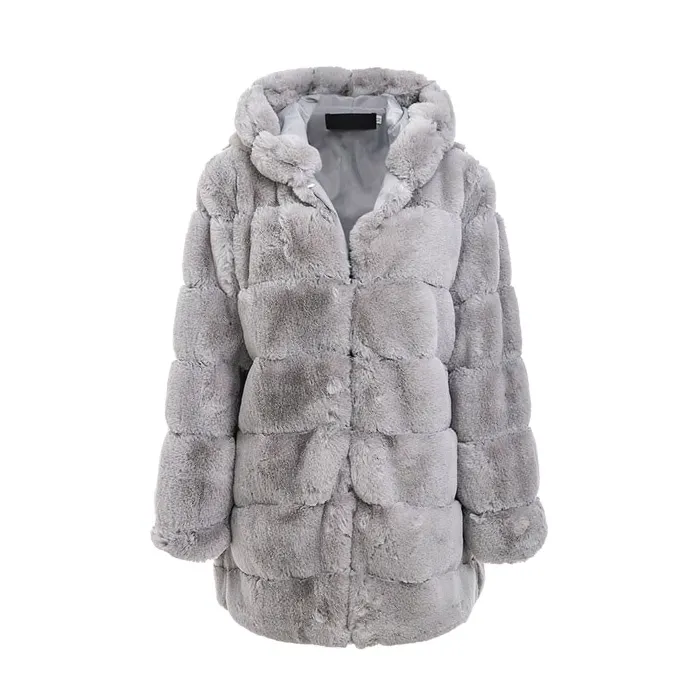 Elegante donzige lange jas met capuchon - bontjas - grote matenJassen