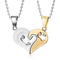 I Love Vous - coeur - pendentif en acier inoxydable avec collier - 2 pièces
