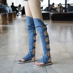 Blue Black Denim Cross Tied Knee High Gladiator SandalsSandalen