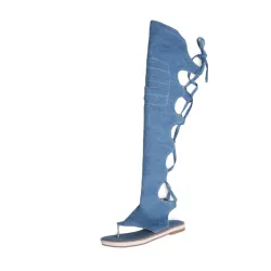 Blue Black Denim Cross Tied Knee High Gladiator SandalsSandalen