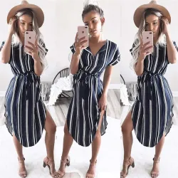 Summer women batwing short sleeve striped beach dressJurken