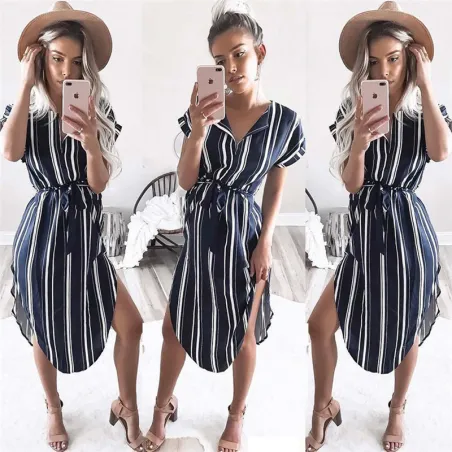 Summer women batwing short sleeve striped beach dressJurken