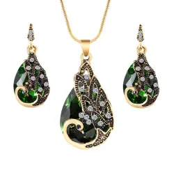 National wind crystal drop gem peacock pendant earrings - jewelry setSieradensets