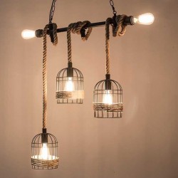 Lampe suspendue en fer rétro avec corde tricotée à la main - lumières en cage