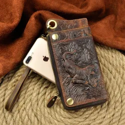 Dragon design - multifunction leather wallet with strap & zipperPortemonnee