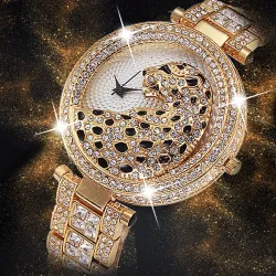Luxury gold quartz watch with diamonds & leopardHorloges