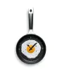 Metal wall clock in the shape of a frying pan with a fried eggClocks