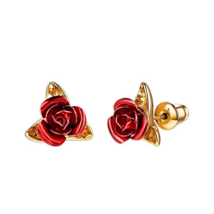 Gold stud earrings with red roseOorbellen