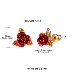 Gold stud earrings with red roseOorbellen