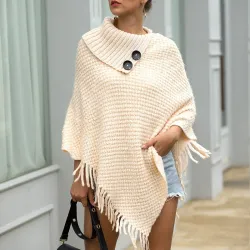 Pull tricoté avec pompons - poncho avec boutons - châle