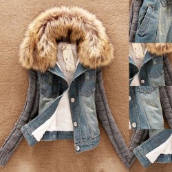 Fashion good quality women jeans coat - fleece short denim jacket - slim fur collar outerwear topsJassen